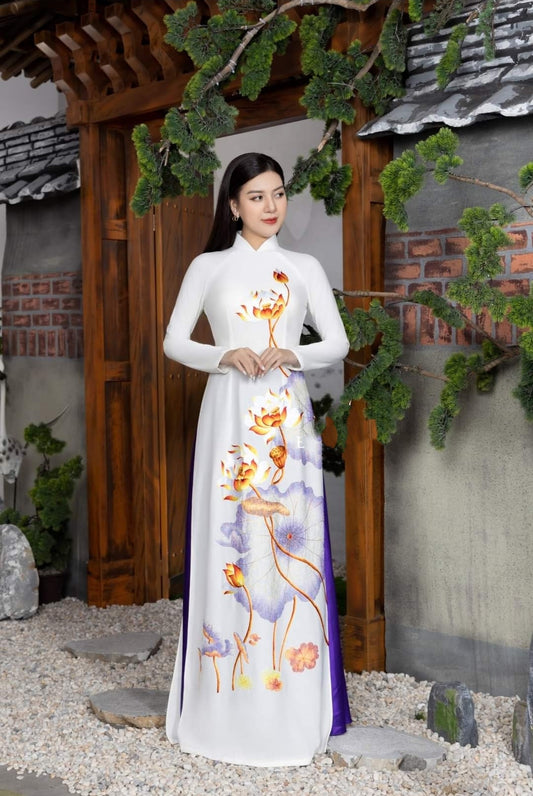 Ao dai Embroidered lotus flower White Color- DS18