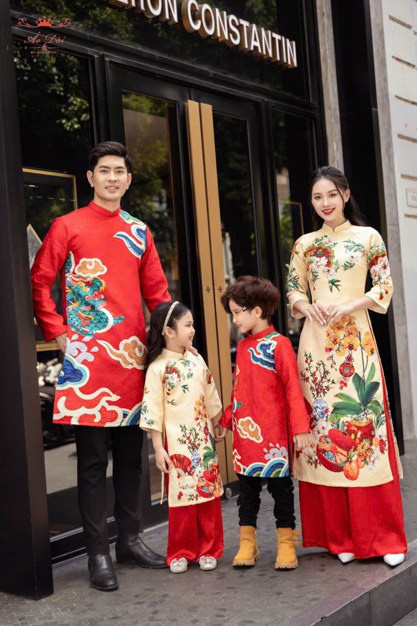 Set Ao Dai Gia đình Matching Gấm nổi In Ao Dai Set