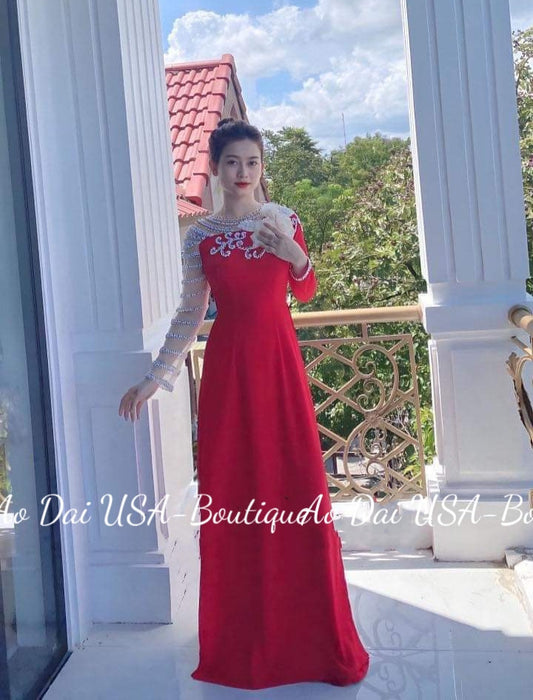 Design Ao Dai Chiffon Double Layer With Pearls And Crystal- DS