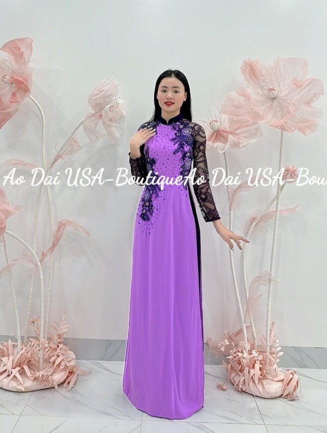 Double Layers Lace Ao Dai Set Light Purple-DS26