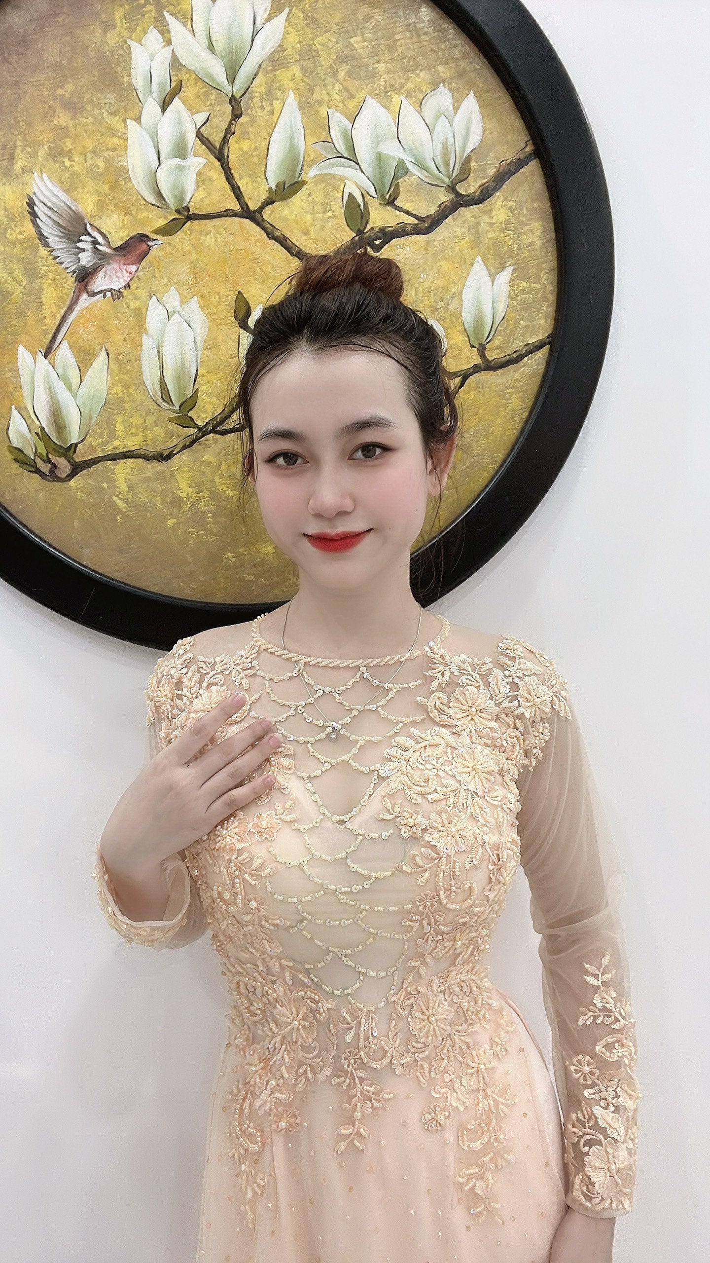 Beautiful Gold Triple Layers Ao Dai Set With Lace And Silk-Pants Included