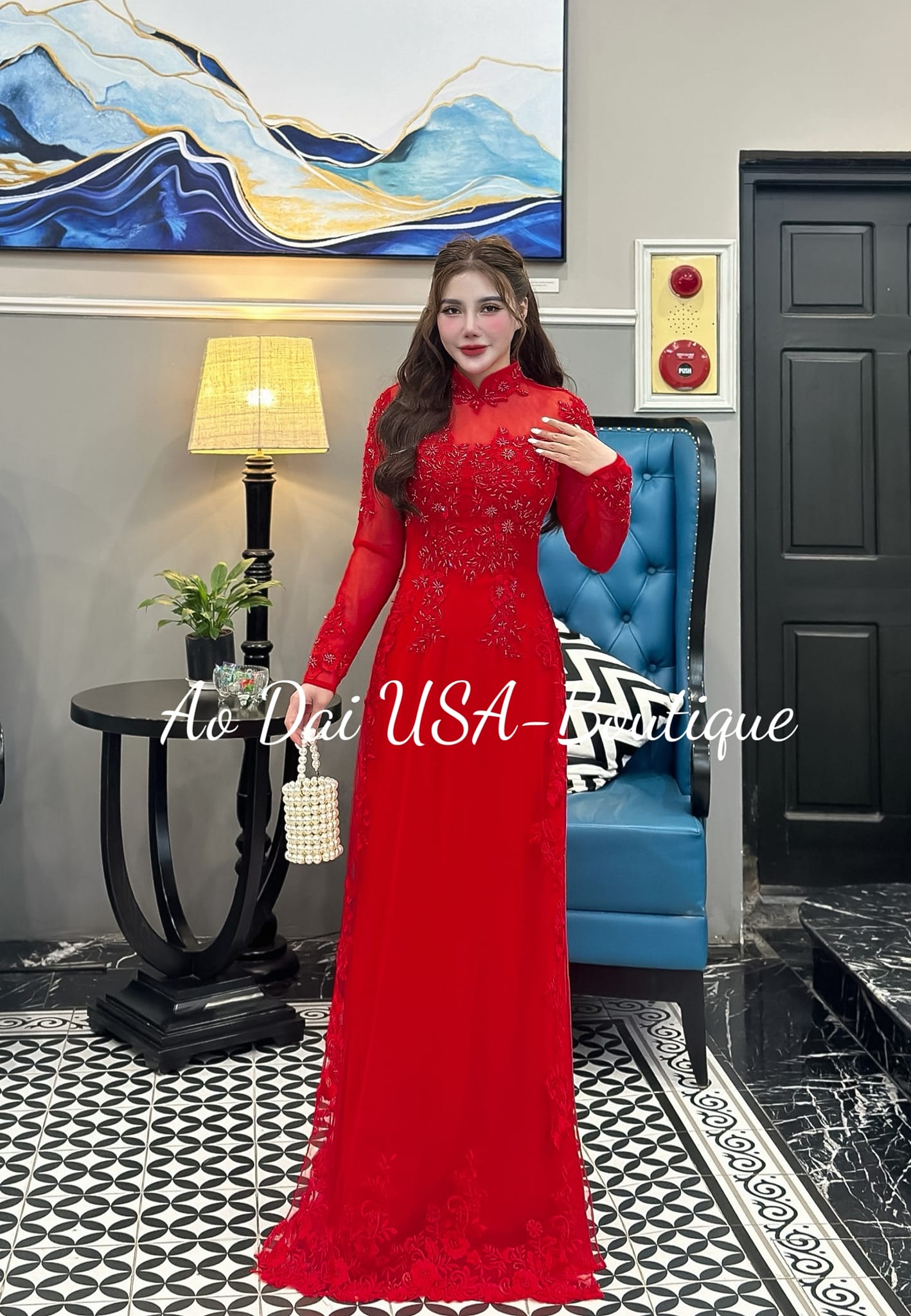 Set Ao Dai Wedding Red Color and LONG Train- Red Pants included
