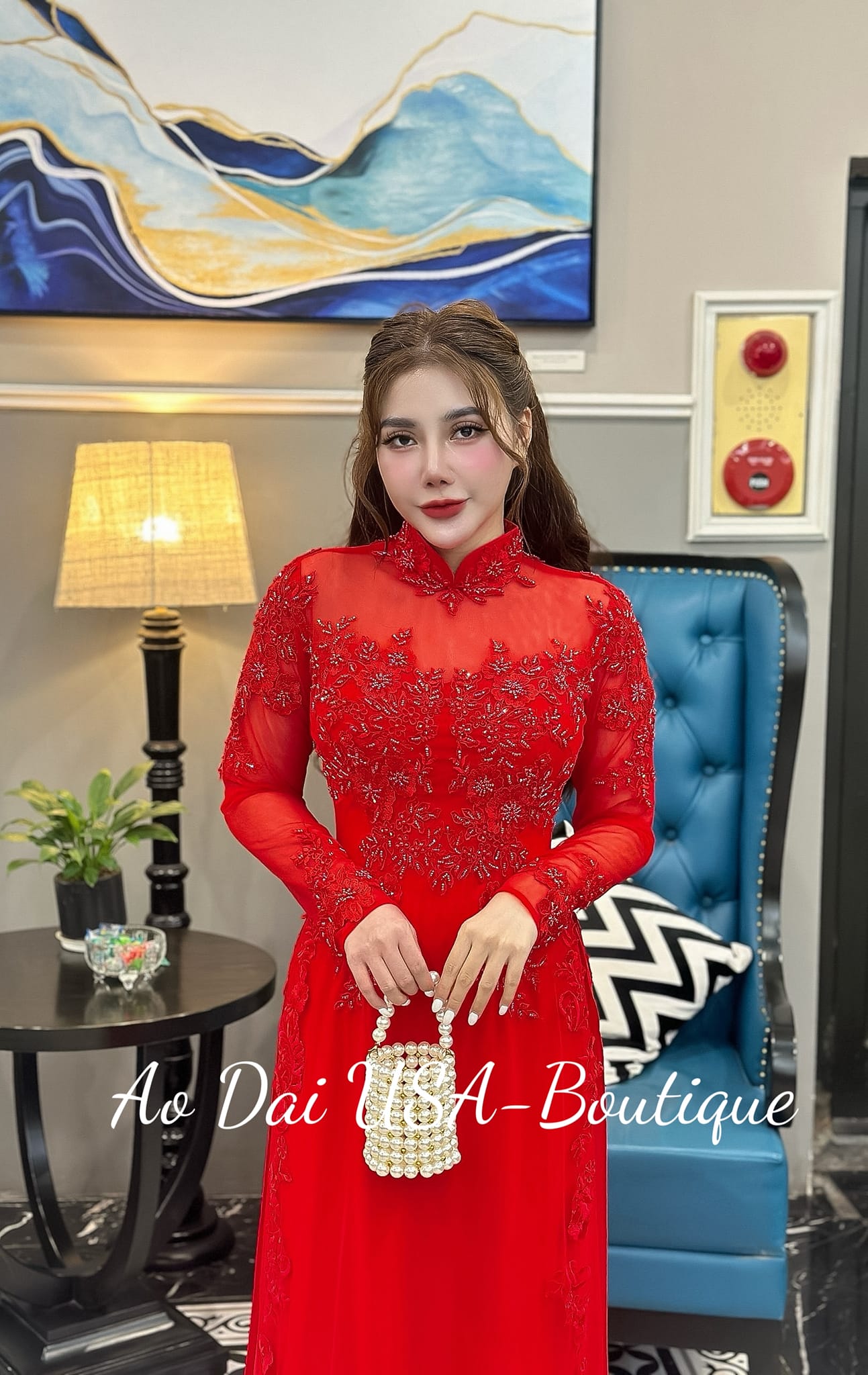 Set Ao Dai Wedding Red Color and LONG Train- Red Pants included