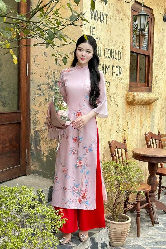 Light Pink Flower Embroidery Ao Dai Set (Red Pants) B336