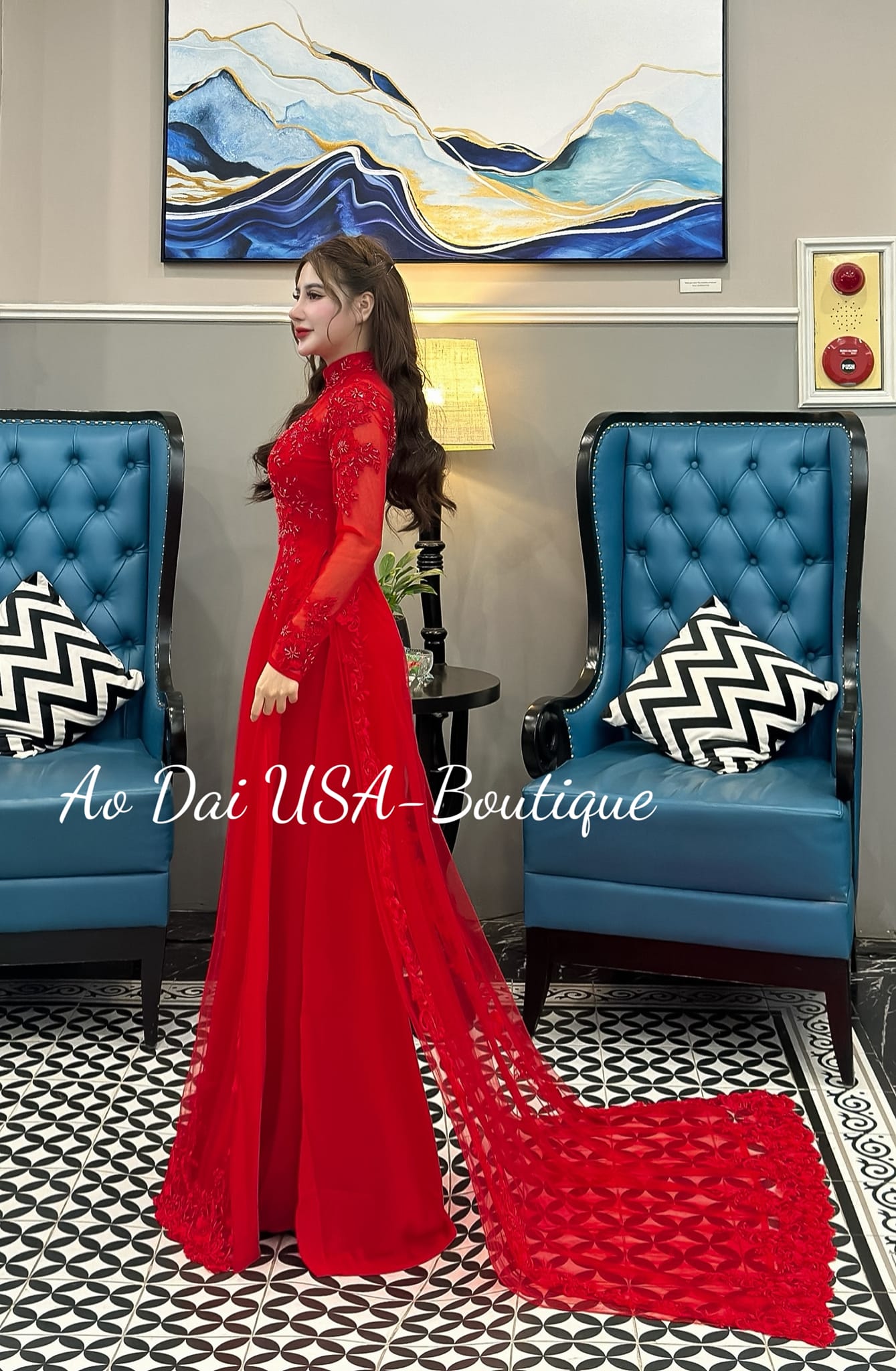Set Ao Dai Wedding Red Color and LONG Train- Red Pants included