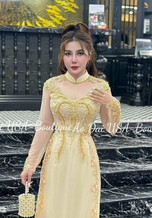 Set Ao Dai Wedding with Gold Embroidery and LONG Train- White Pants included G407