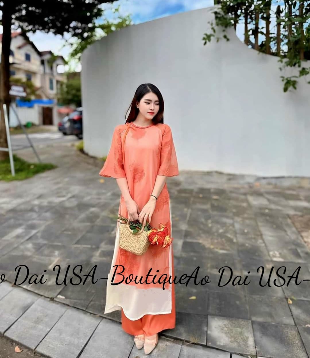 Orange Flower Embroidery Ao Dai Set (Orange Pants) B66