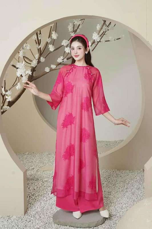 Fushia Flower Embroidery Ao Dai Set (Hot pink Pants) B66