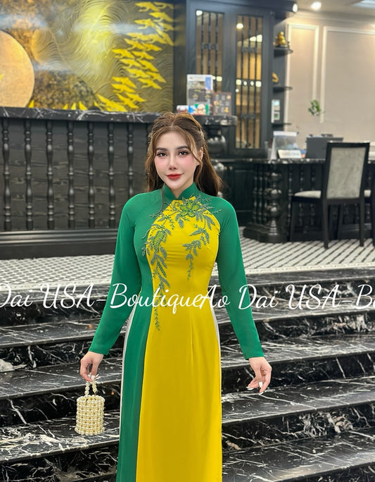 Ao Dài Chiffon Yellow And Green color-No pants include