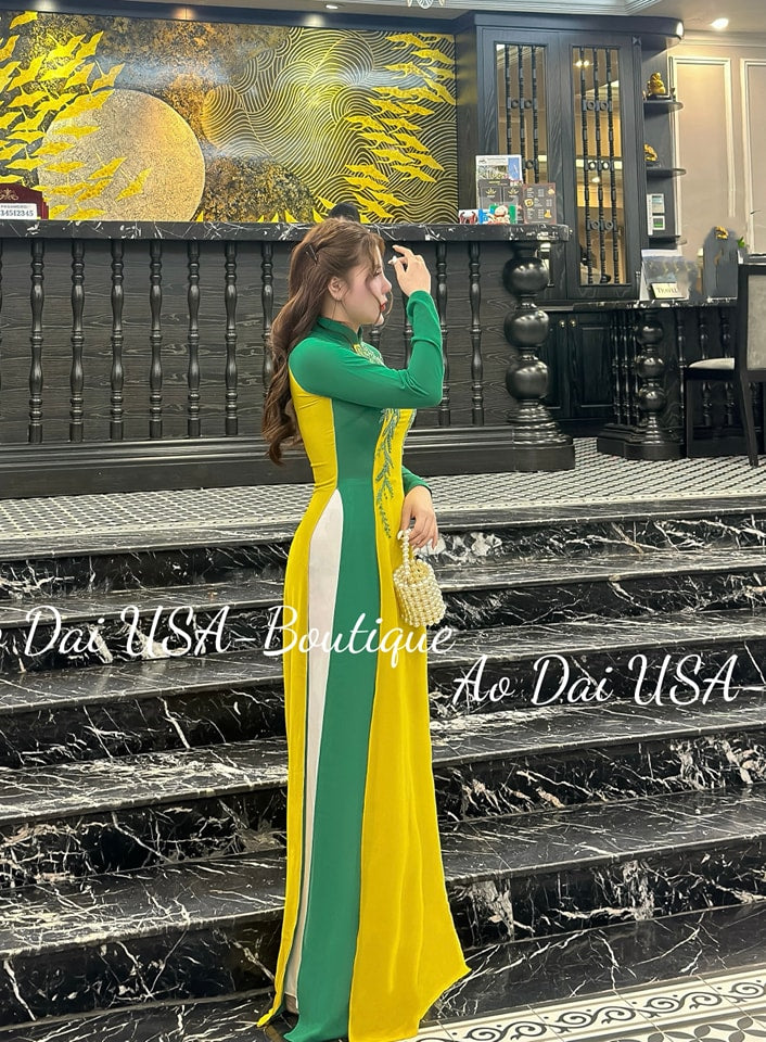 Ao Dài Chiffon Yellow And Green color-No pants include