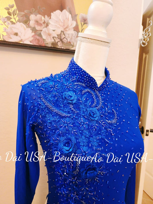 Set Ao Dài Chiffon Blue color Thiet ke- pants include Tk38