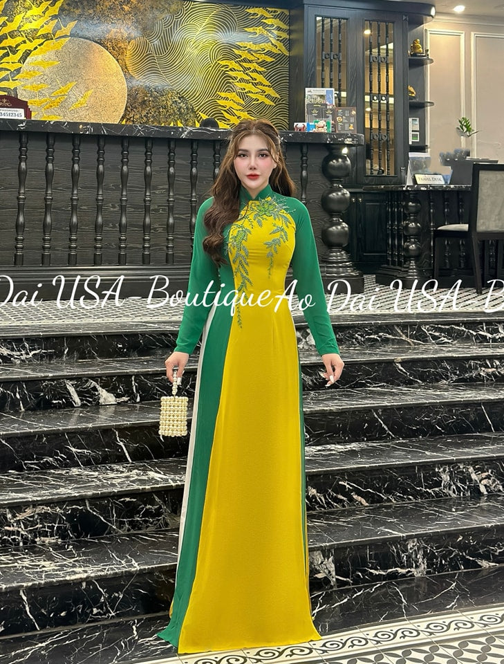 Ao Dài Chiffon Yellow And Green color-No pants include