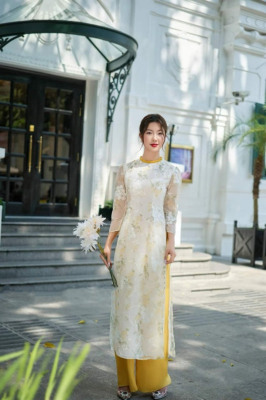 Set Ao Dai Cach Tan Light Yellow (Pants included) B303