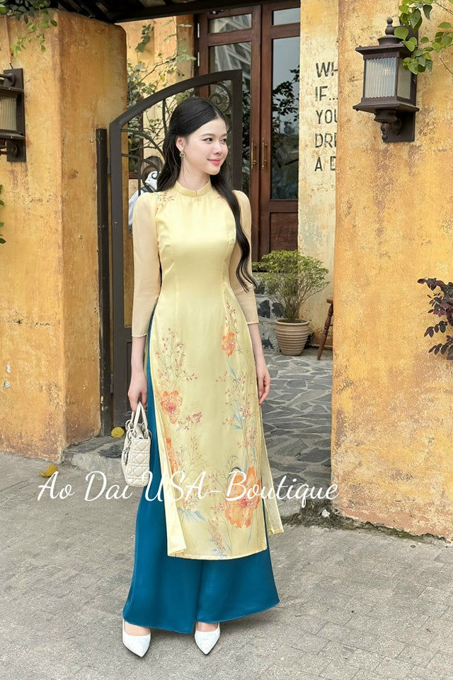 Set Ao Dai Cach Tan Light Yellow (Pants included) B305