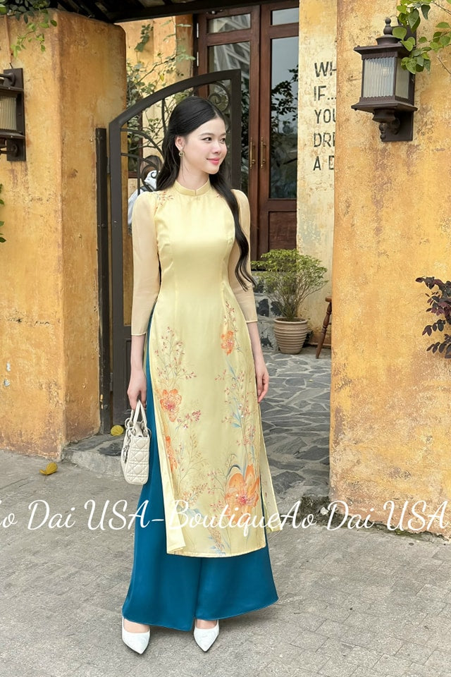 Set Ao Dai Cach Tan Light Yellow (Pants included) B305