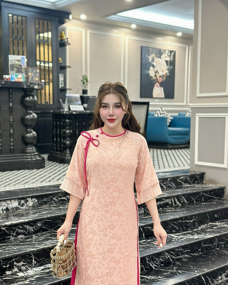 Set Ao Dai Cach Tan light Pink (Pants included) CT299