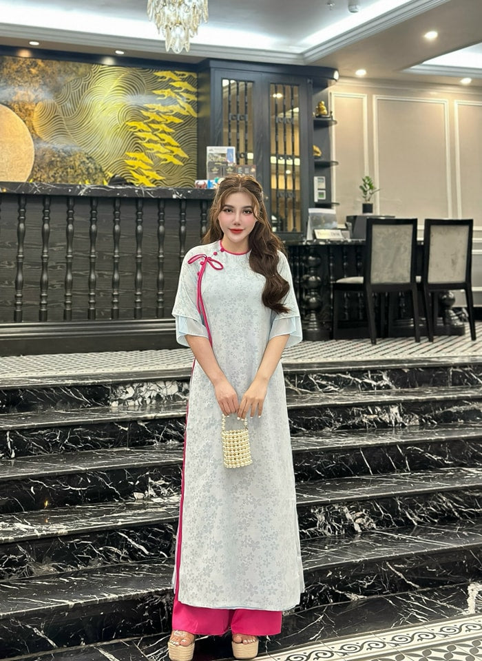 Set Ao Dai Cach Tan Light Blue (Pants included) CT299