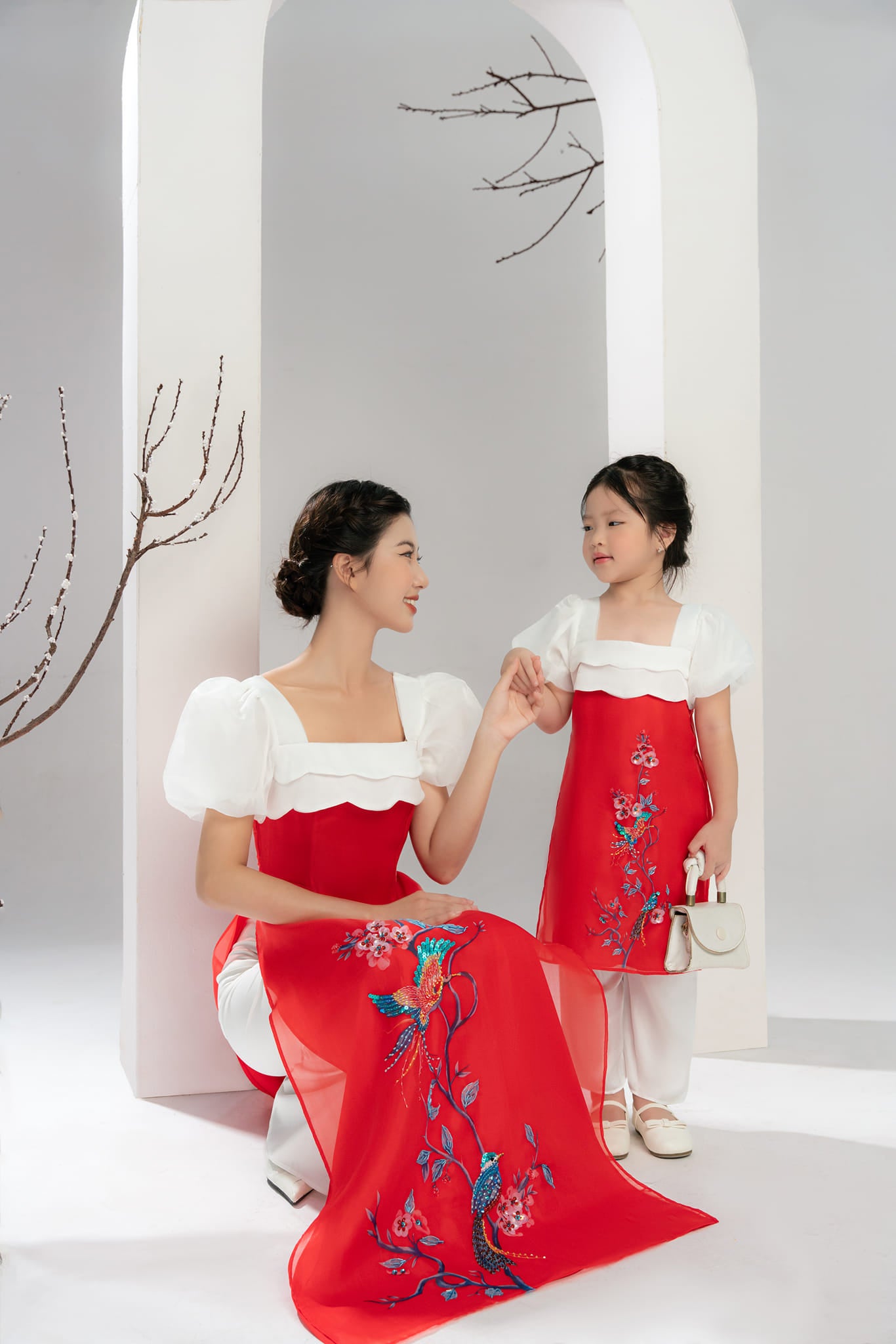 Mom and Daughter Red Pearls Ao Dai Set