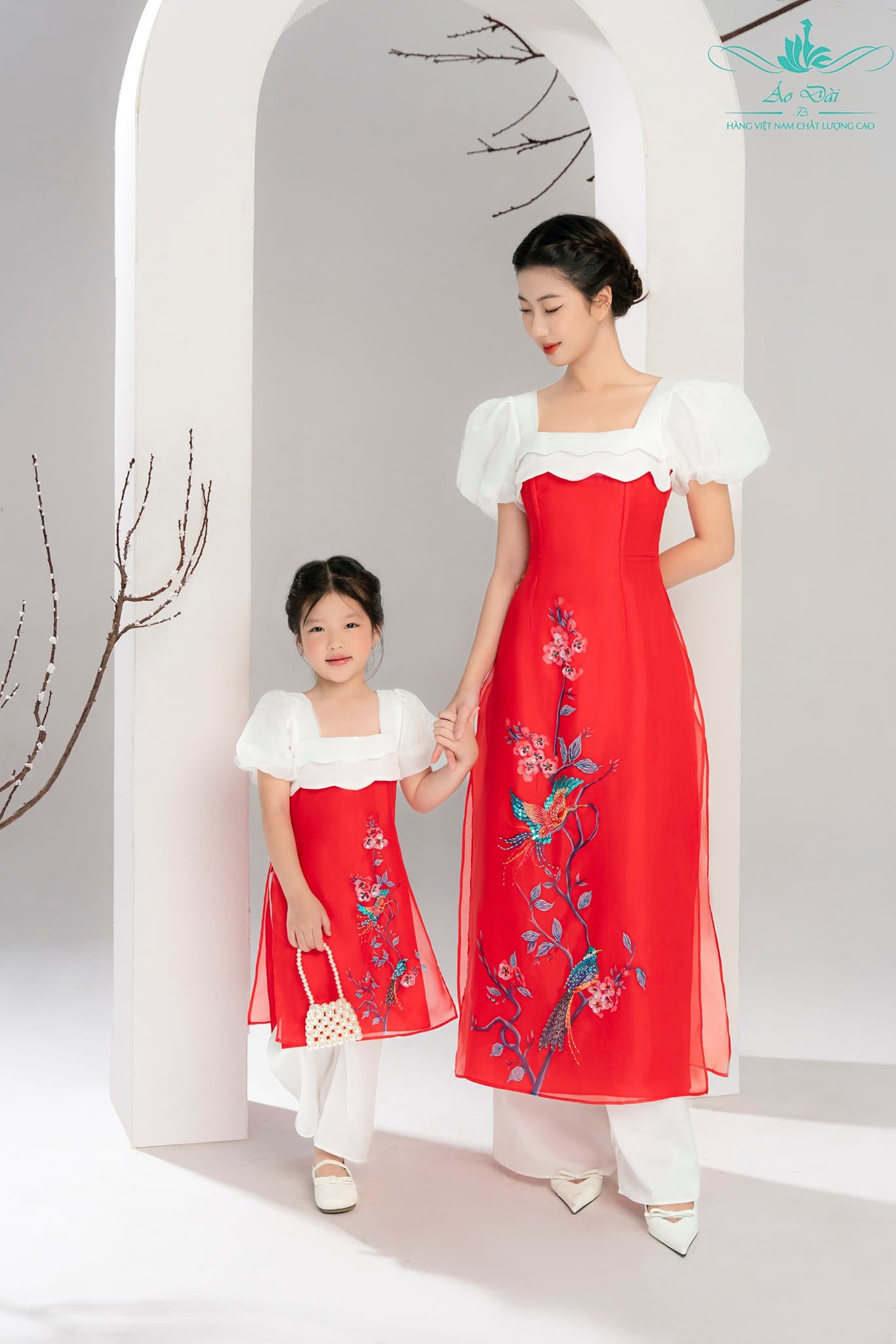 Mom and Daughter Red Pearls Ao Dai Set