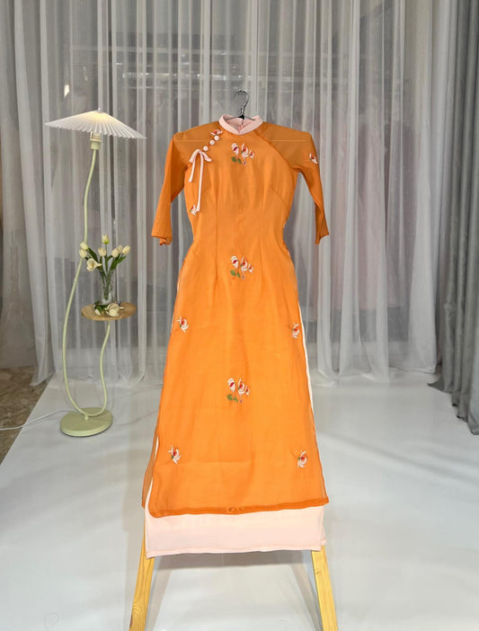 Orange Flower Embroidery Ao Dai Set