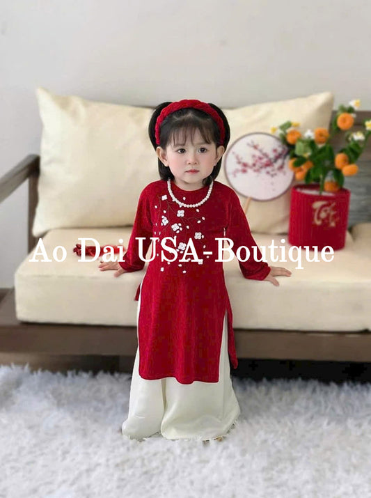 Red Girl Velvet Flower Embroider Ao Dai Set-CT281