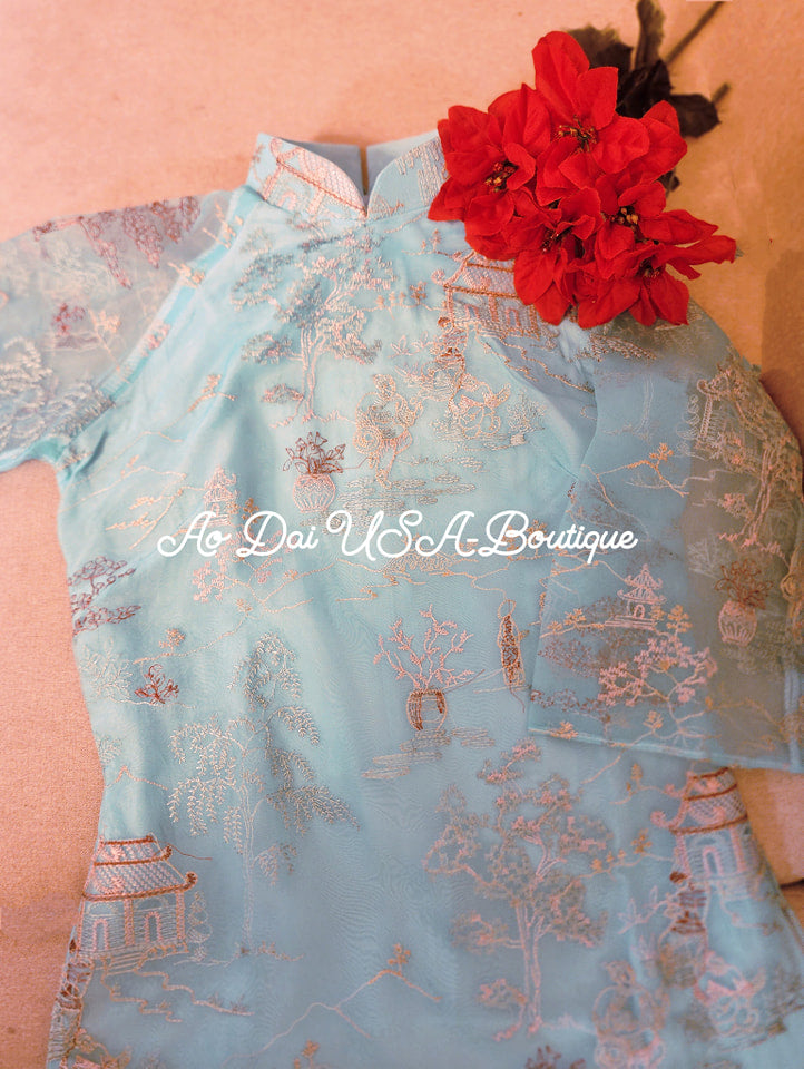 Blue Flower Embroidery Ao Dai Set (Pink Pants)