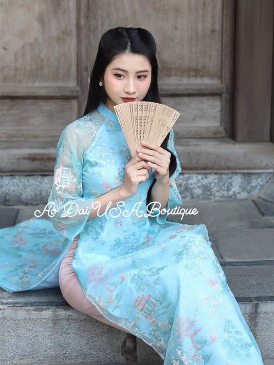 Blue Flower Embroidery Ao Dai Set (Pink Pants)