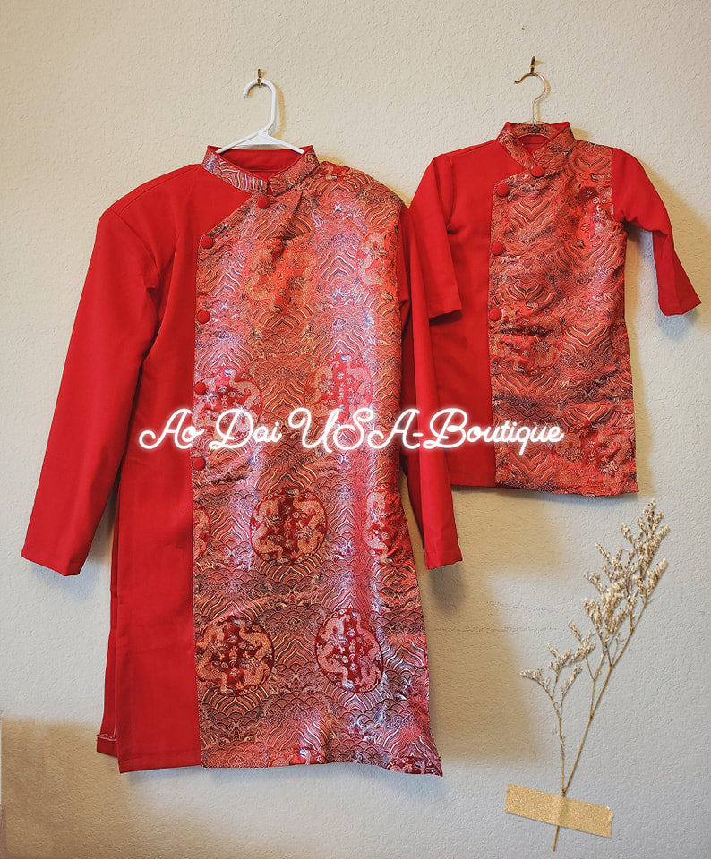 Men & Boy Red Dragon Ao Dai Top