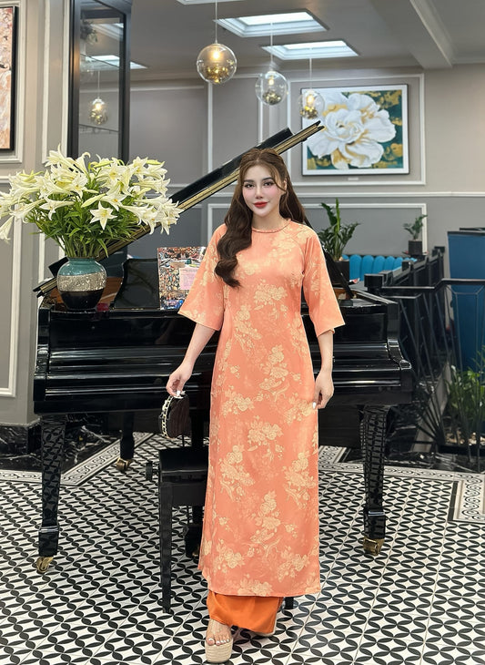 Pumpkin Orange Set Ao Dai Lua Tơ tằm Thái Tuấn From suông