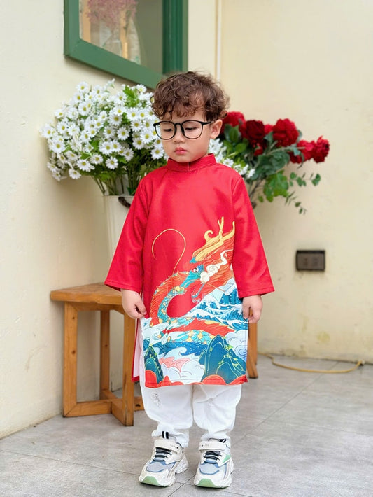 Boy Print Red Ao Dai Top