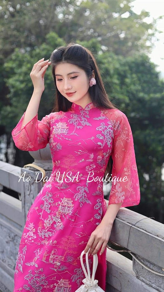 Fushia Flower Embroidery Ao Dai Set (Pink Pants)