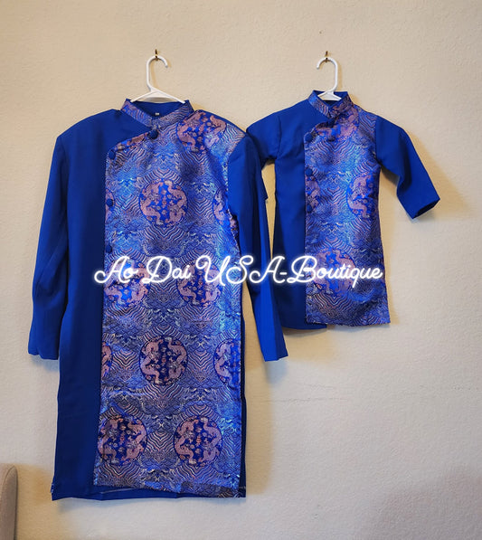 Men & Boy Blue Dragon Ao Dai Top Matching