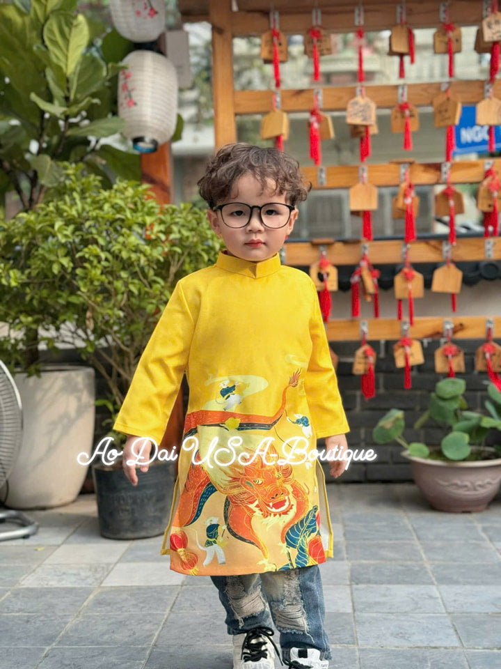 Boy Print Dragon Yellow Ao Dai Top-CT273