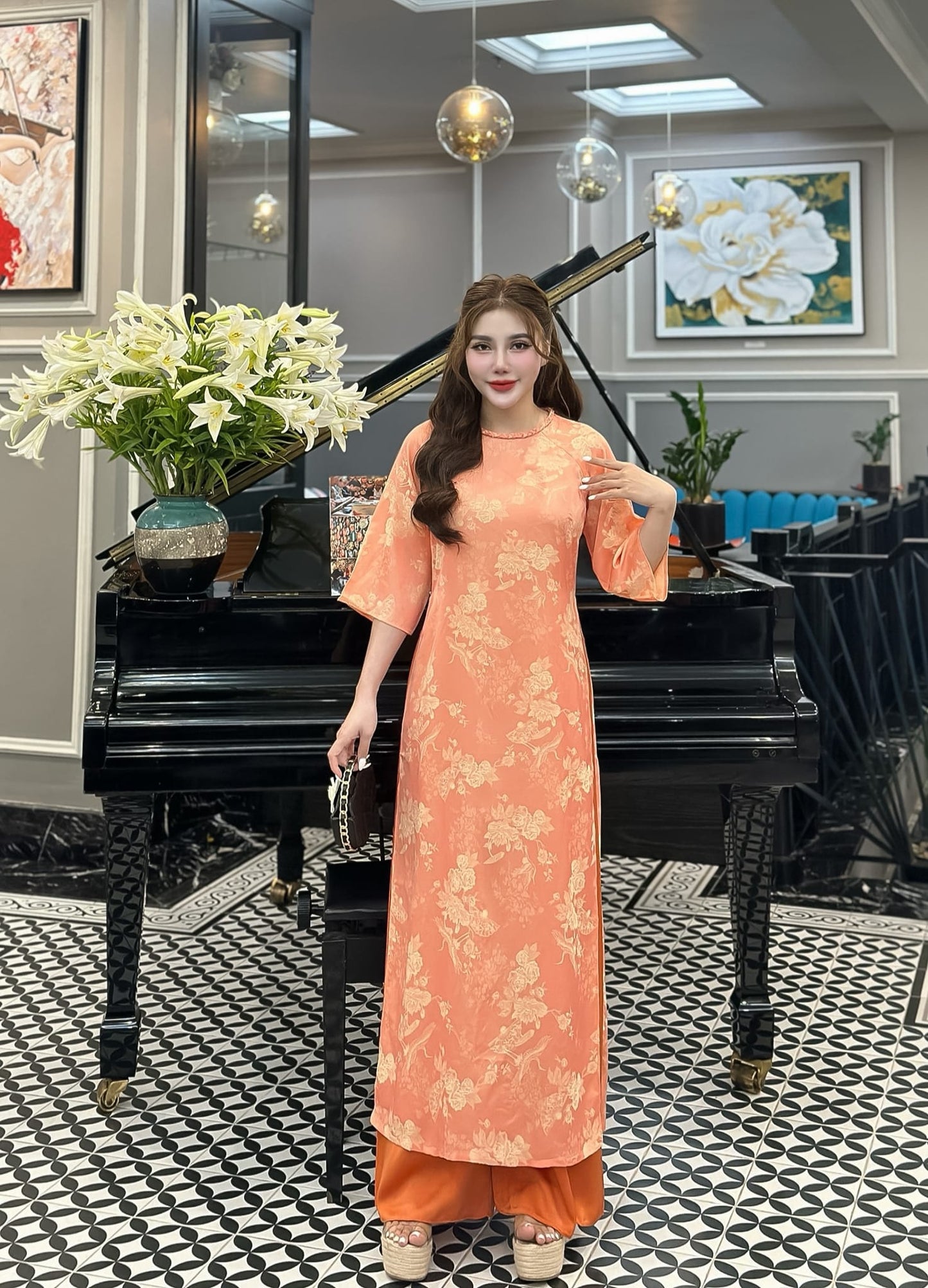 Pumpkin Orange Set Ao Dai Lua Tơ tằm Thái Tuấn From suông