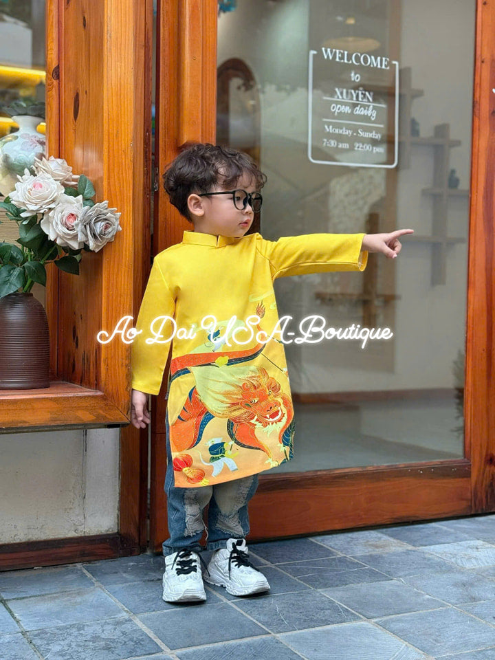 Boy Print Dragon Yellow Ao Dai Top-CT273