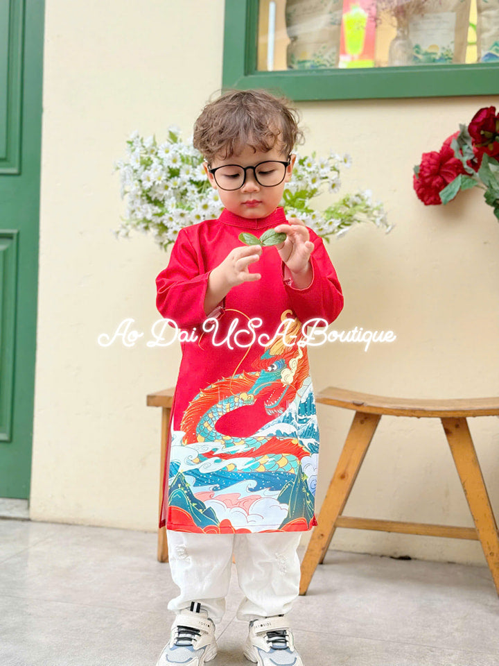 Boy Print Red Ao Dai Top