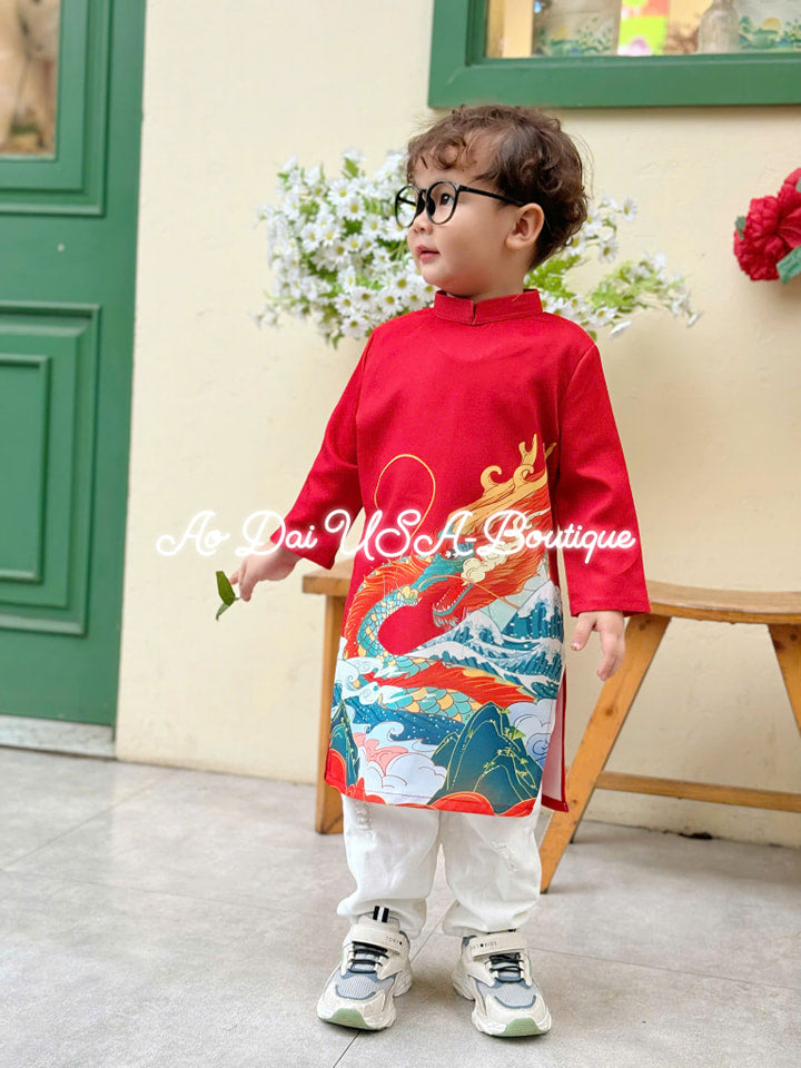 Boy Print Red Ao Dai Top