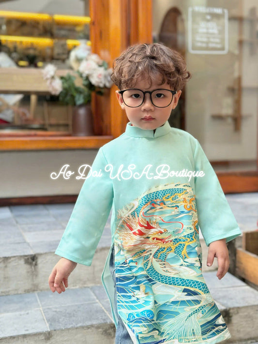 Boy Print Blue Ao Dai Top