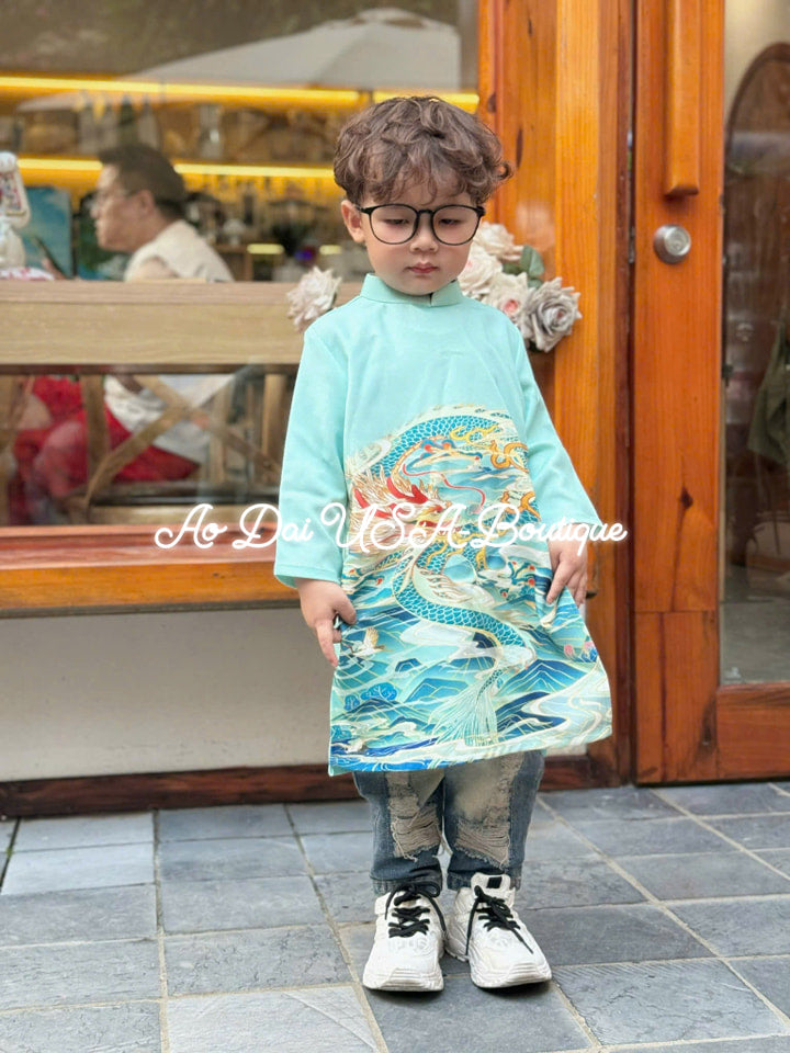 Boy Print Blue Ao Dai Top