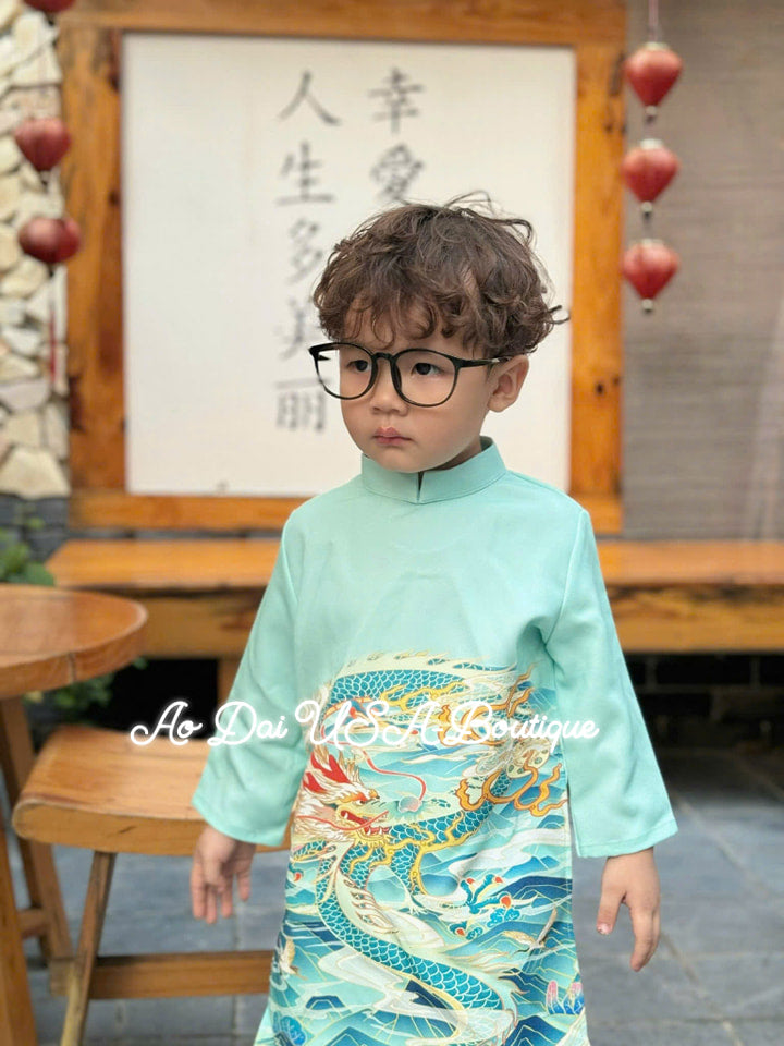 Boy Print Blue Ao Dai Top