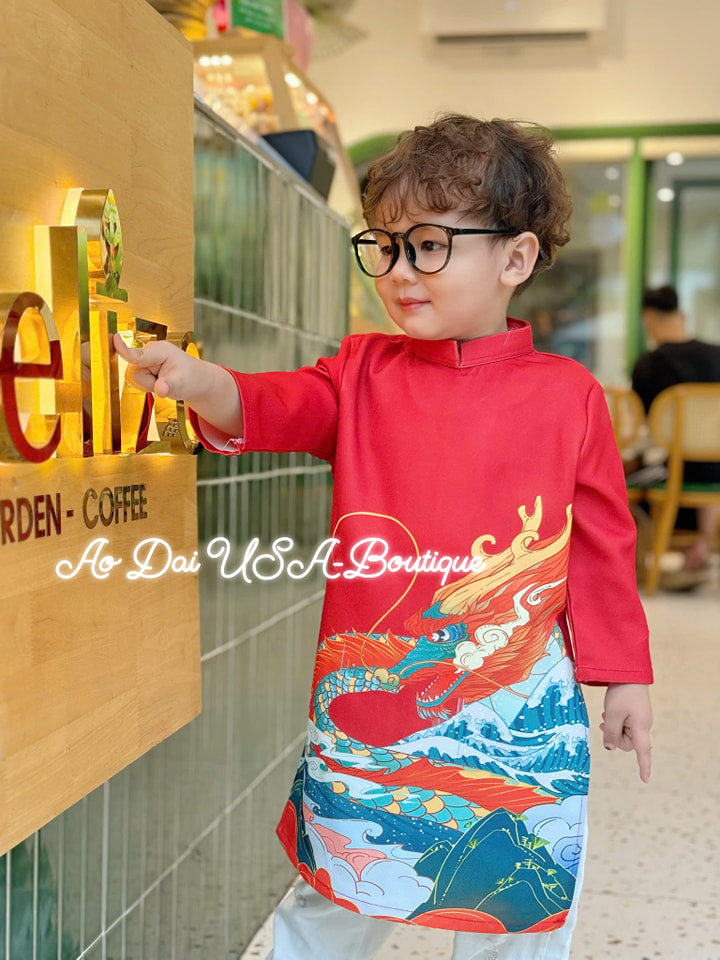 Boy Print Red Ao Dai Top