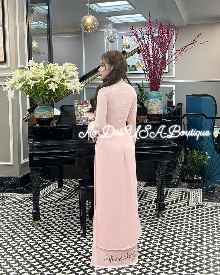 Ao Dài Chiffon Embroidery Pastel Pink color- Pants Include