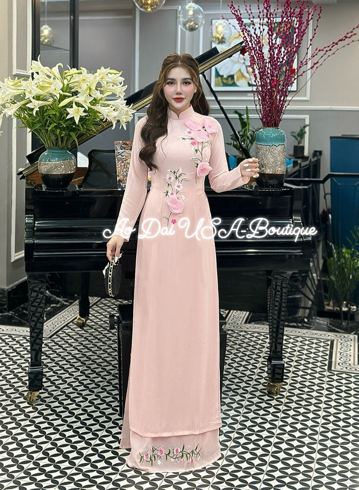 Ao Dài Chiffon Embroidery Pastel Pink color- Pants Include