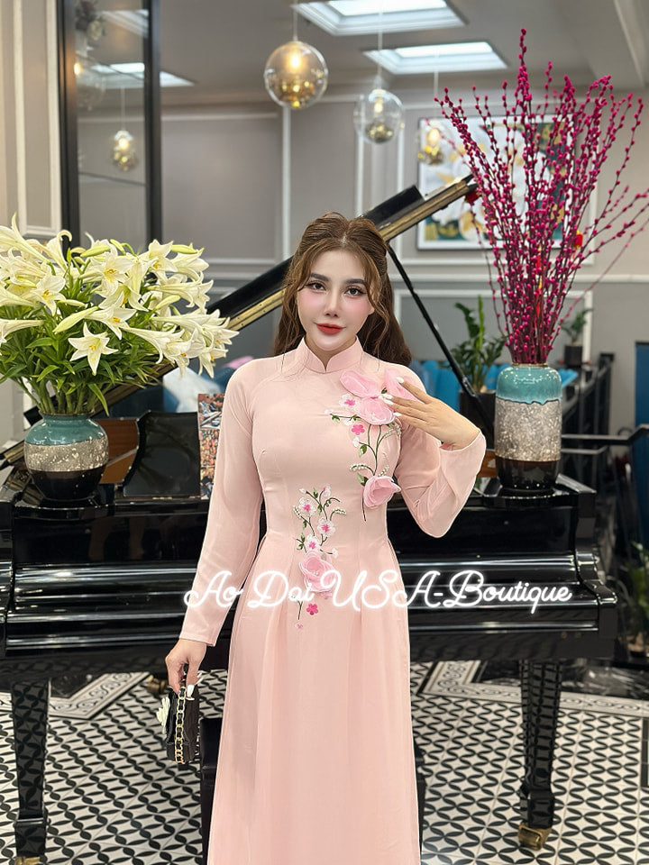 Ao Dài Chiffon Embroidery Pastel Pink color- Pants Include