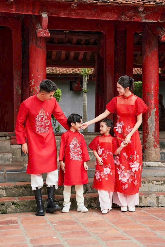 Set Ao Dai Red Color Matching Family for Luna New Year 2025