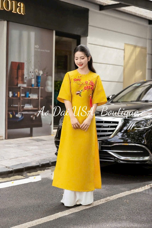 Set Ao Dai Cach Tan Matching Mom And Girls- Pants included