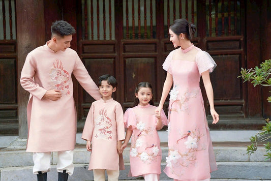 Set Ao Dai Pink Color Matching Family for Luna New Year 2025