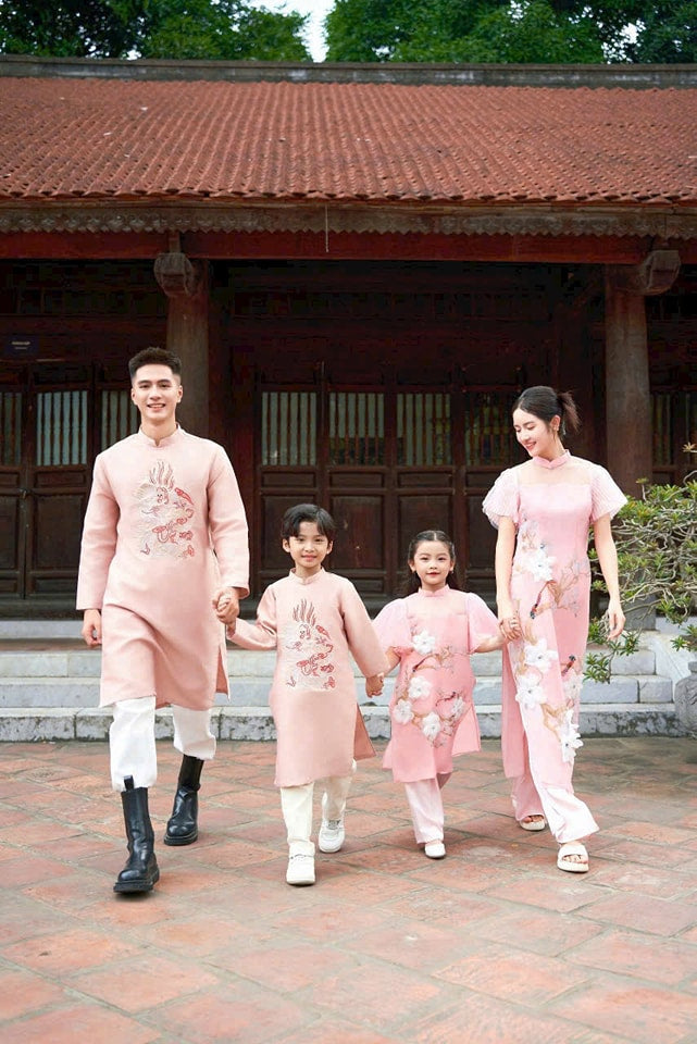 Set Ao Dai Pink Color Matching Family for Luna New Year 2025