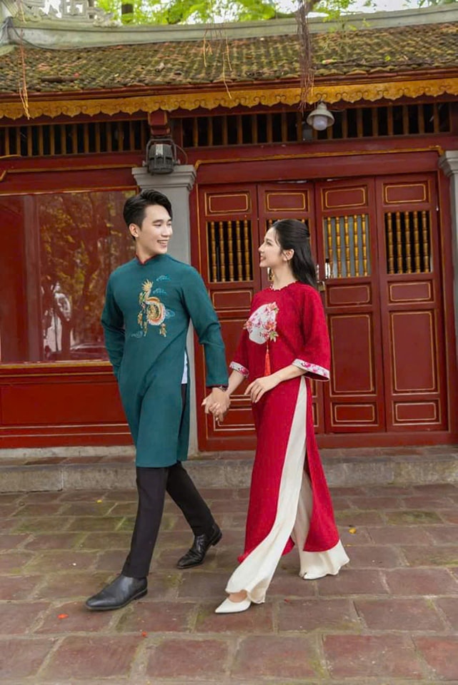 Red Moon & Blue Dragon Matching Ao Dai Set For Luna New Year