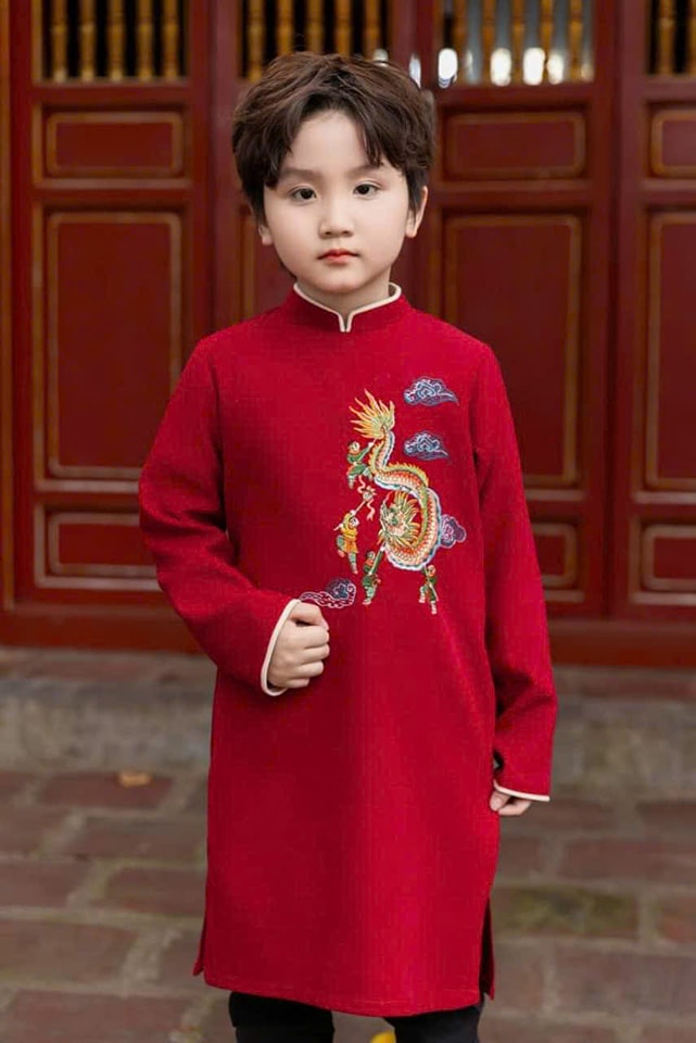 Cream Moon & Red Dragon Matching Ao Dai Set For Luna New Year